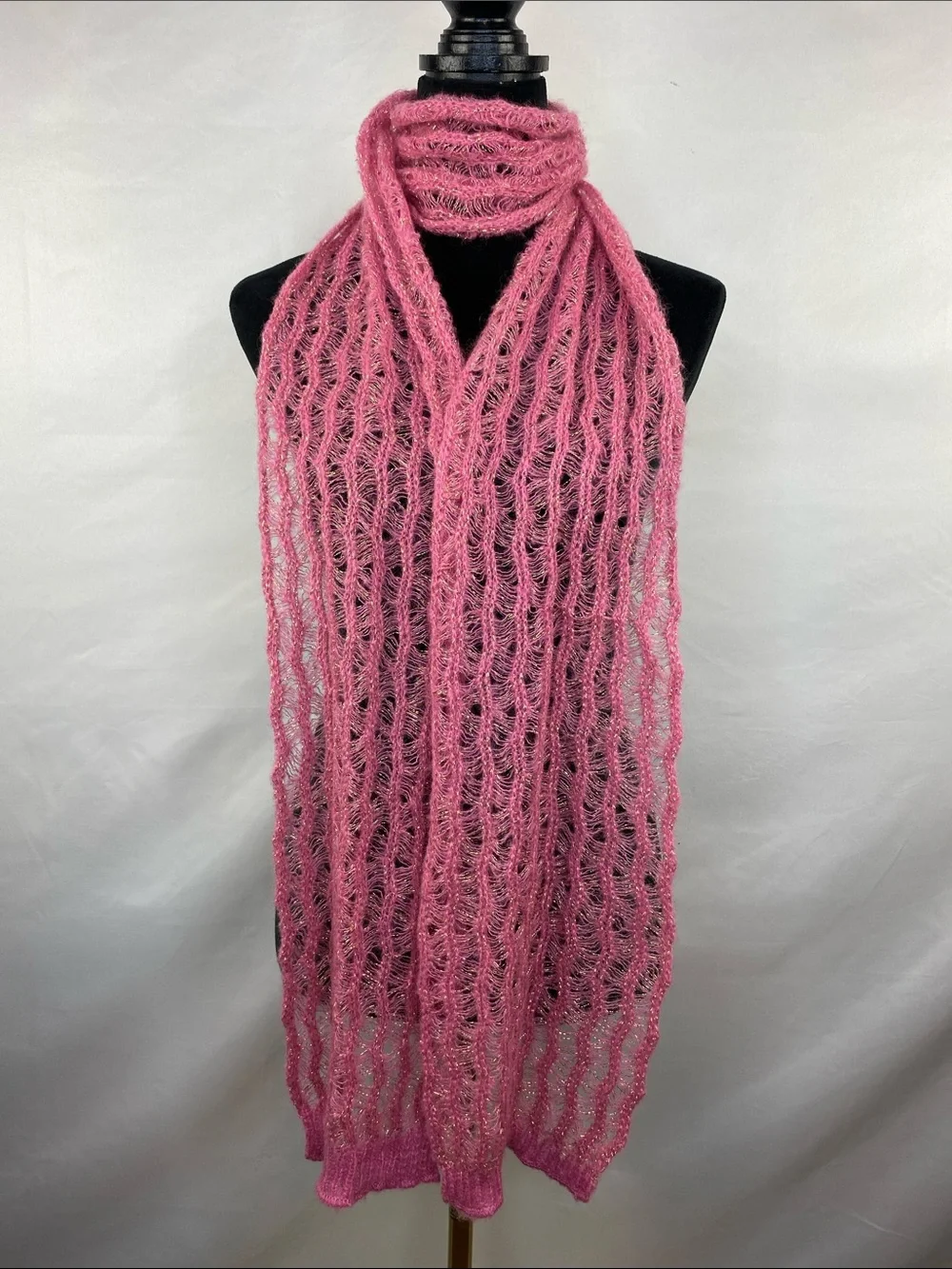Nordstrom Made in Italy Pink Kid Mohair Metallic Open Knit Scarf 82”